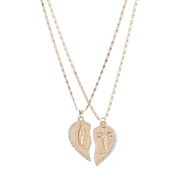 Couple's Religious Heart-Shaped Puzzle Necklace - Gold Diamond-Encrusted Christian Faith Accessory