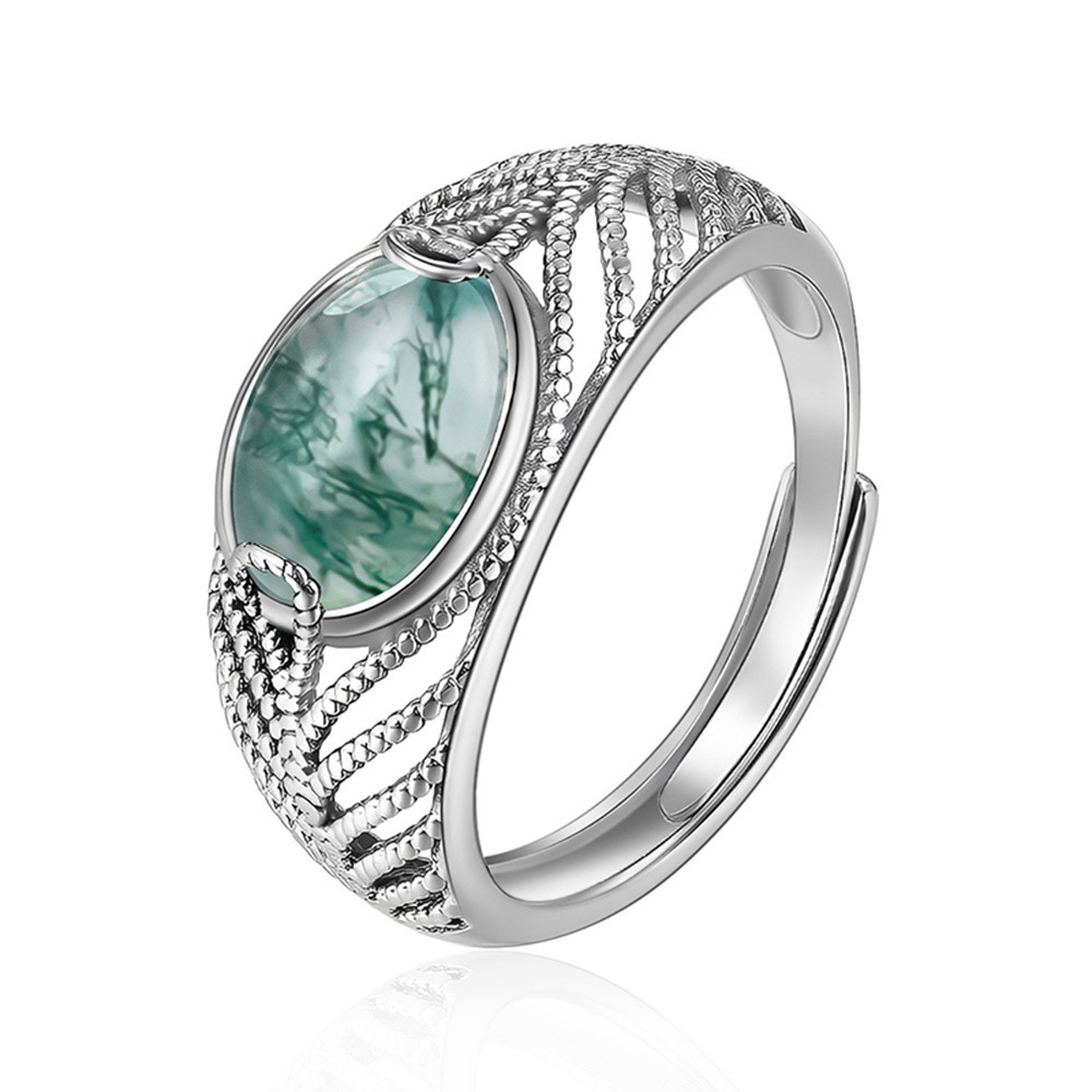 Natural Moss Agate S925 Sterling Silver Adjustable Ring 
