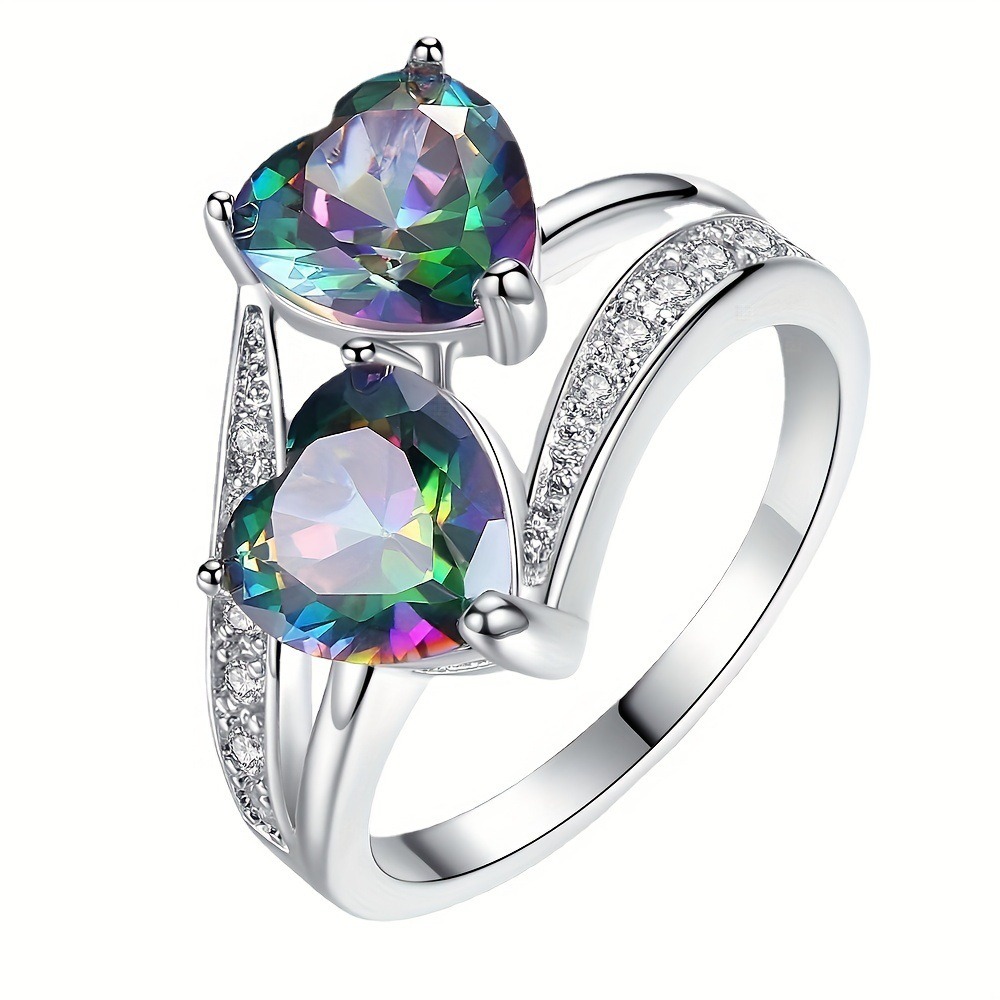 S925 Sterling Silver Double Heart Gemstone Ring