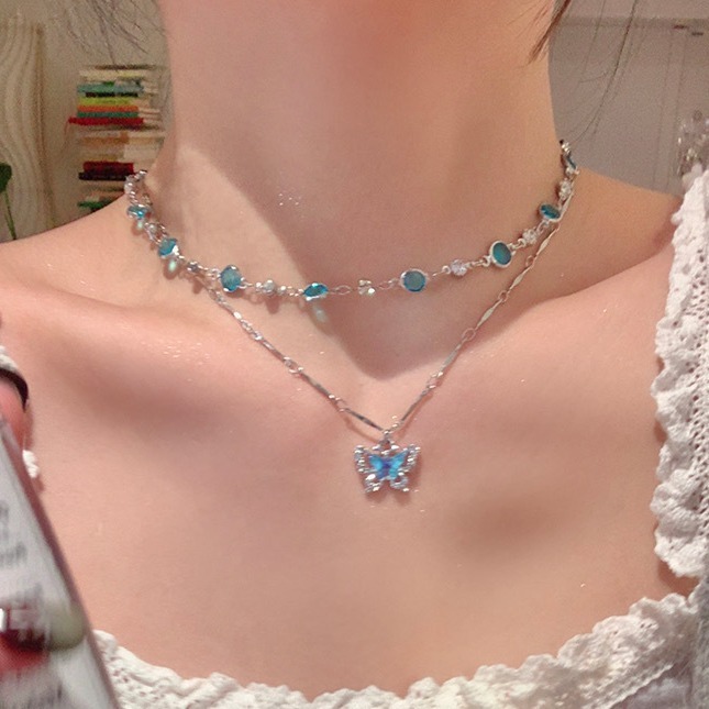  S925 Sterling Silver Double Layer Blue Zircon Butterfly Layering Necklace