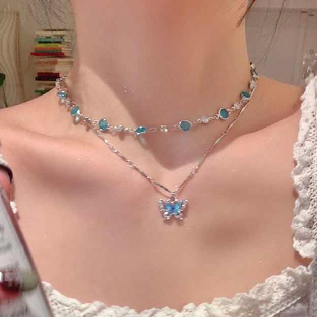  S925 Sterling Silver Double Layer Blue Zircon Butterfly Layering Necklace