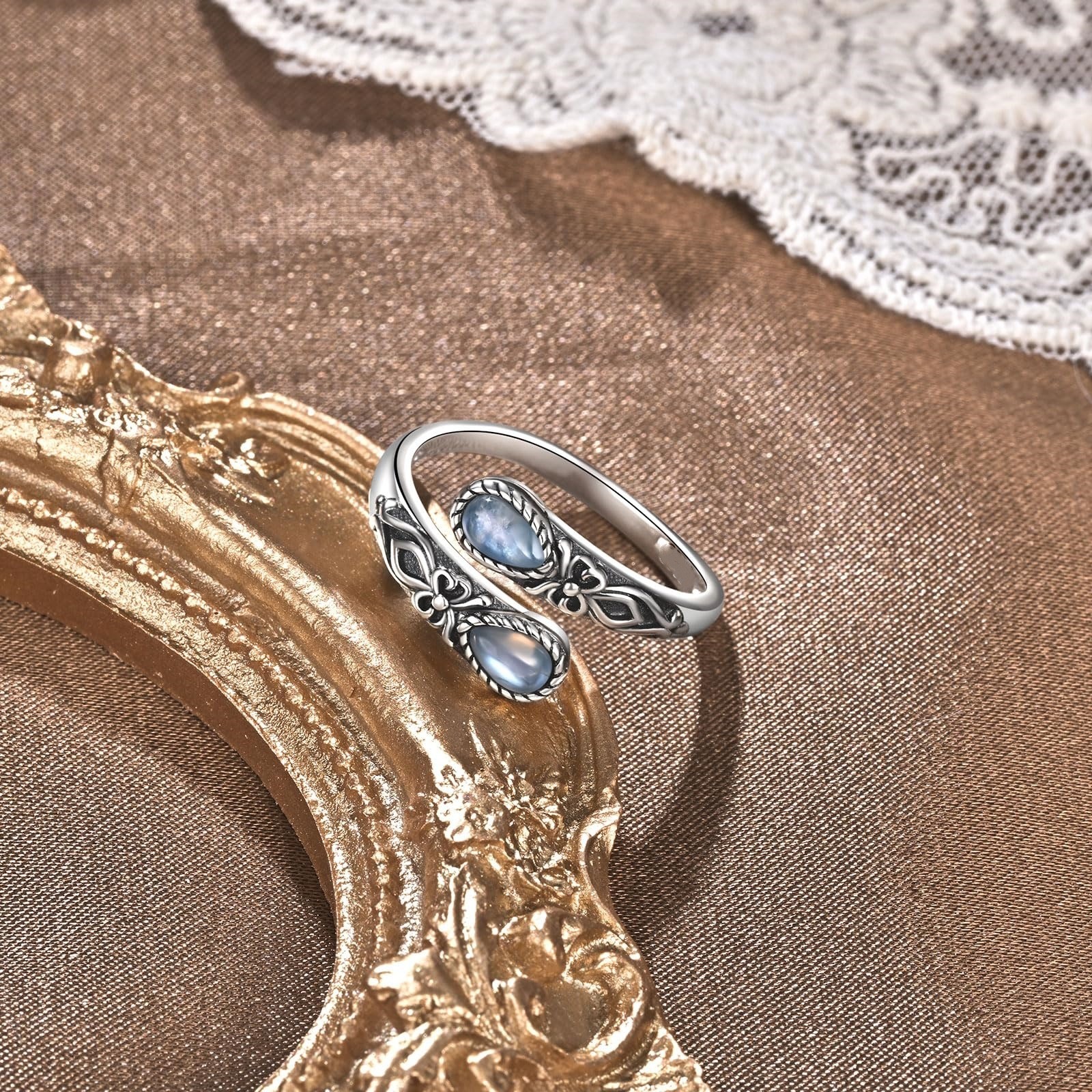 S925 Sterling Silver Vintage Carved Moonstone Open Ring