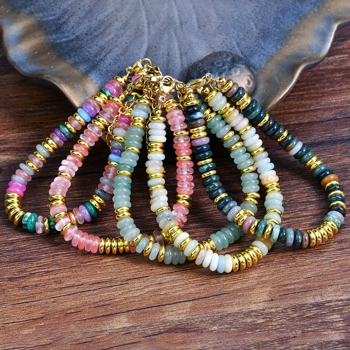 Boho Earth Harmony Natural Stone Heishi Bead Bracelet with Gold Spacers