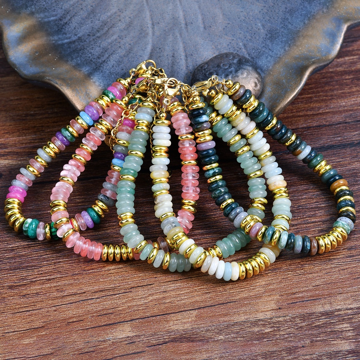 Boho Earth Harmony Natural Stone Heishi Bead Bracelet with Gold Spacers