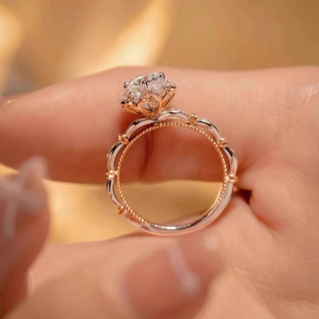 S925 Silver Two-Tone Full-Diamond Ring - Light Luxury Halo Main Diamond Engagement Band