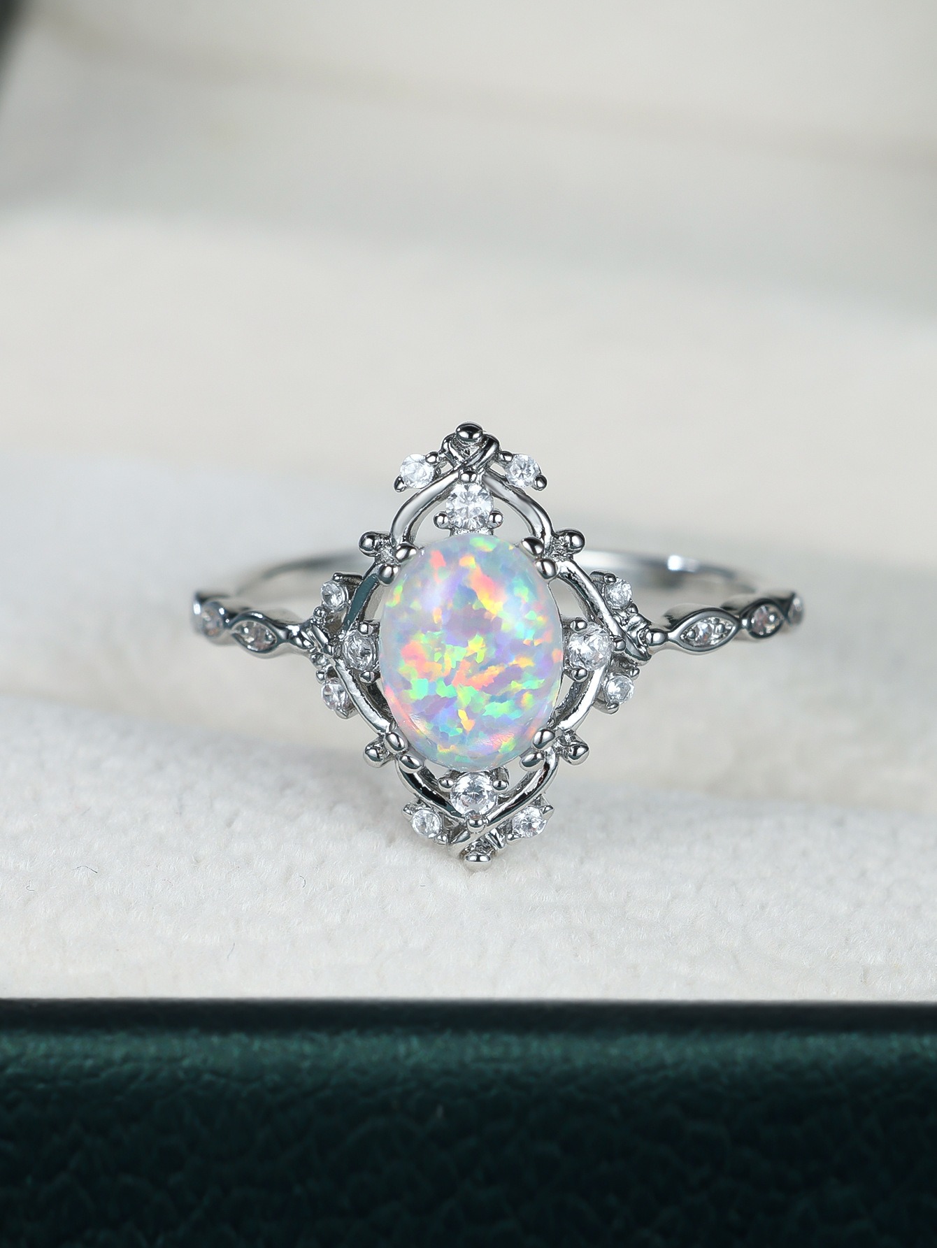 White Opal Vintage Ring | 925 Sterling Silver | Platinum / Rose Gold Finish