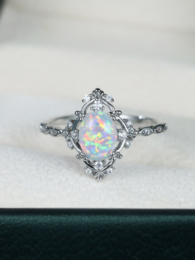 White Opal Vintage Ring | 925 Sterling Silver | Platinum / Rose Gold Finish
