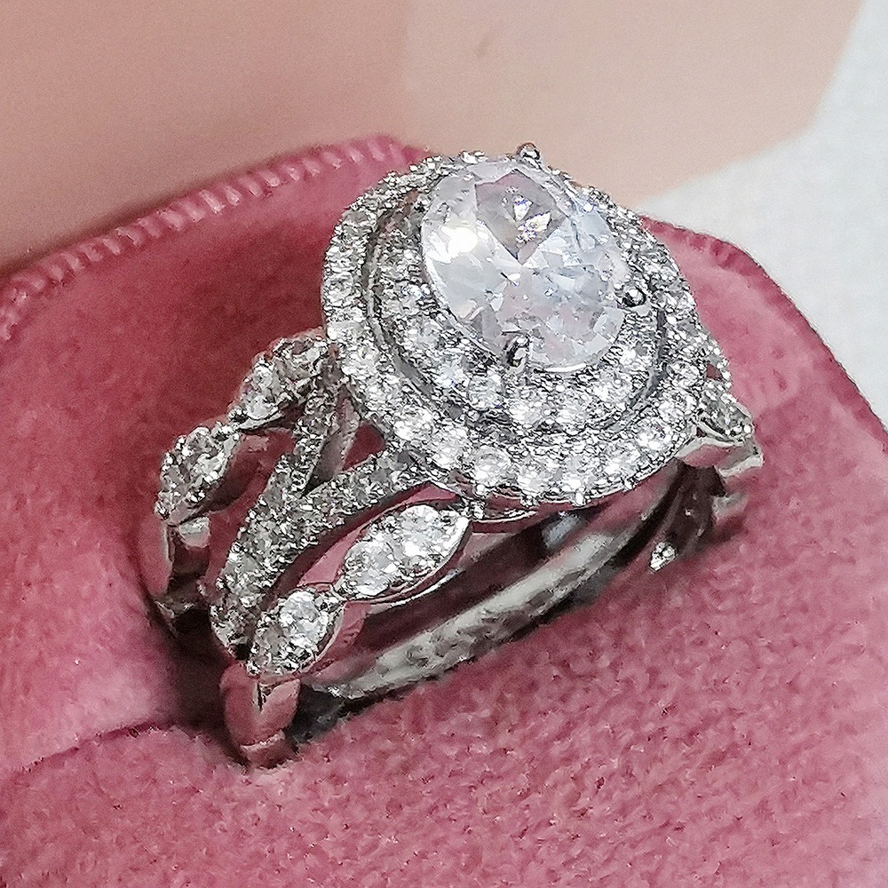 Luxury Halo Moissanite 925 Silver Bridal Ring Set – 2-in-1 Stackable Design