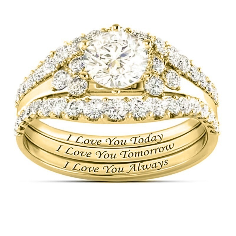 “Today·Tomorrow·Always” 18K Gold Diamond Stackable Ring Set｜Three-Layer Romantic Vow Engraved in Love