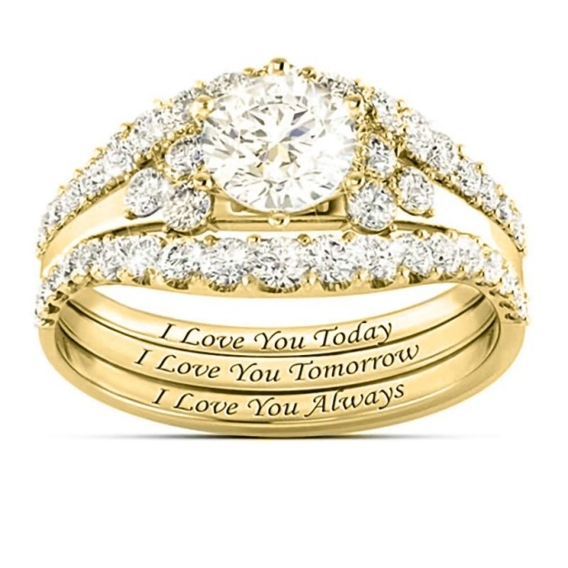 “Today·Tomorrow·Always” 18K Gold Diamond Stackable Ring Set｜Three-Layer Romantic Vow Engraved in Love