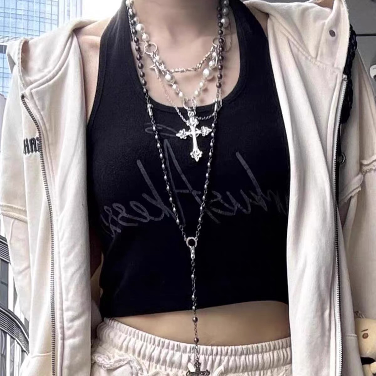 Sacred Star Pearl Chain S925 Sterling Silver Pearl Cross Layered Necklace