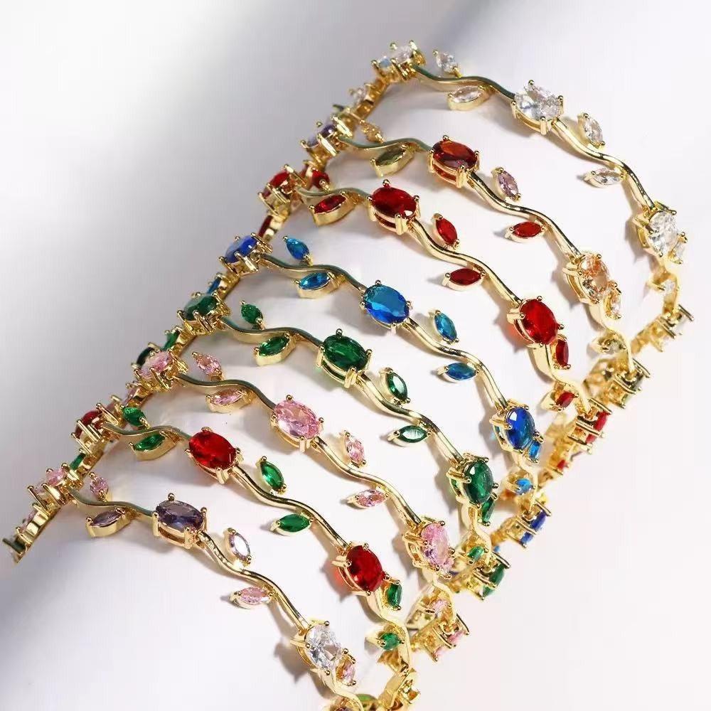 Spring Sprig Gemstone Two-Tone Leaf Bracelet