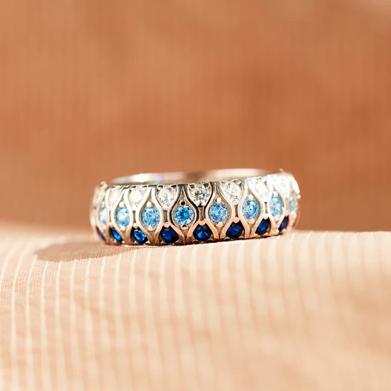 「Deep Sea Gradient」S925 Sterling Silver Three-Tone Blue Quilted Band Ring