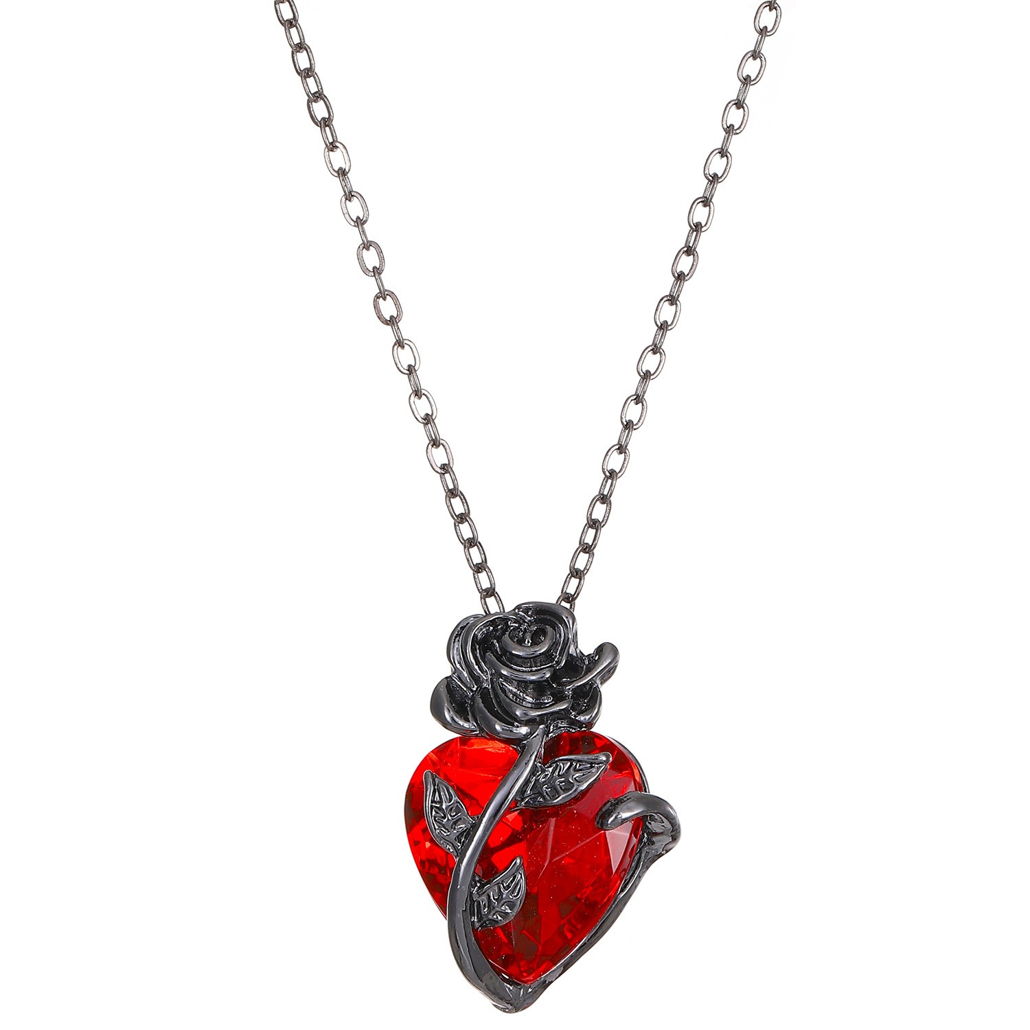 Rose & Red Heart Multi-Color Necklaces - Black Gold/Gold/Silver Single Chain & Layered Styles
