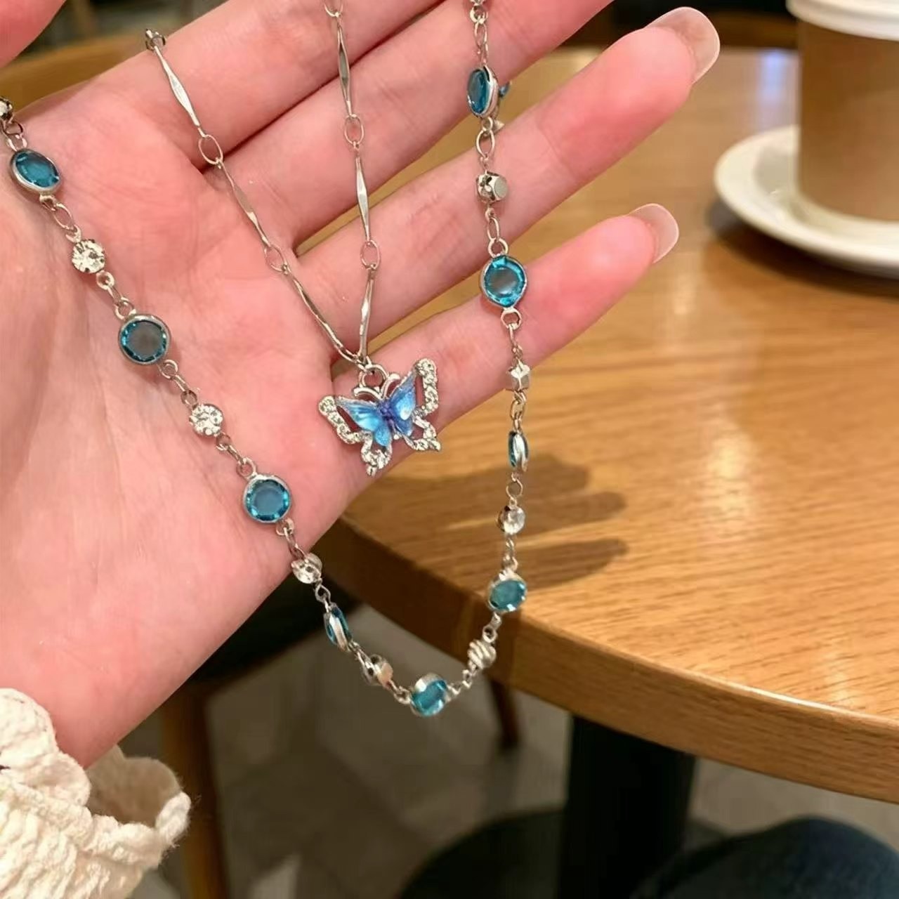  S925 Sterling Silver Double Layer Blue Zircon Butterfly Layering Necklace
