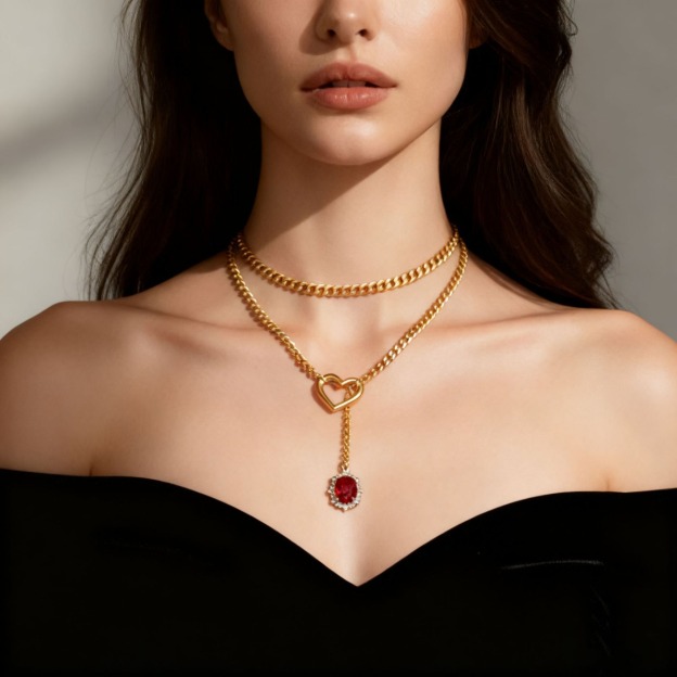 Vintage Light Luxury Curb Chain Layered Necklace Gem Pendant Heart Clasp Choker