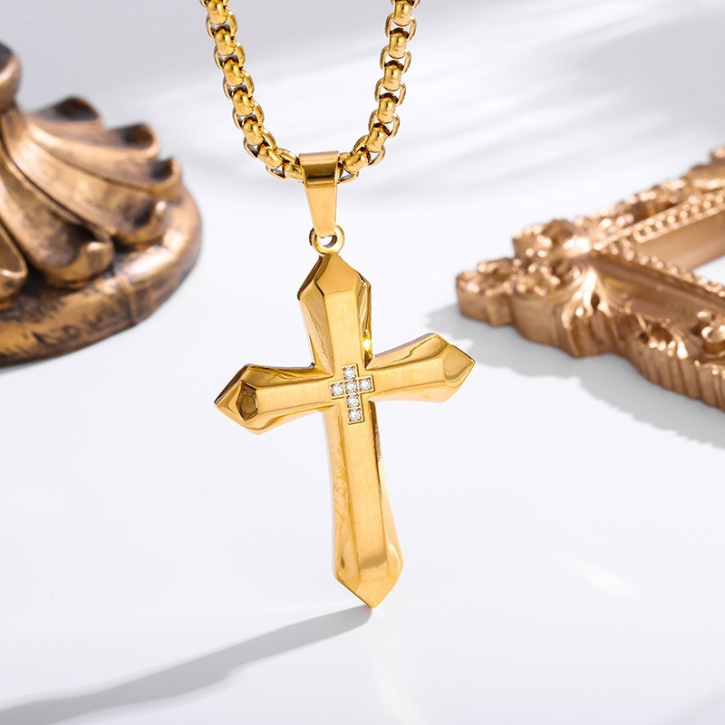 Multi-Color Diamond-Embedded 3D Cross Necklace