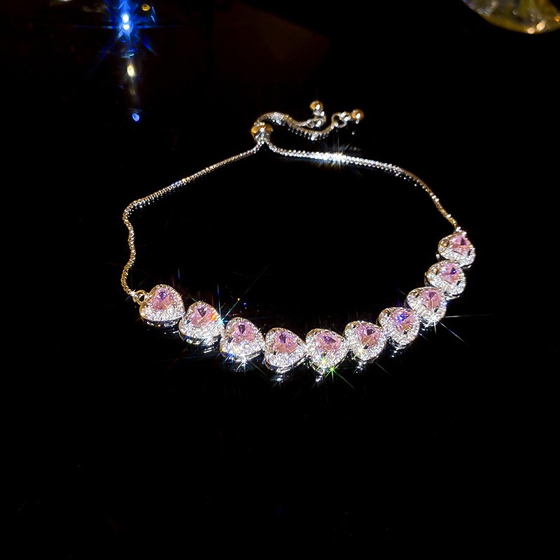 Multi-Color Heart-Shaped Full-Diamond Adjustable Bracelet