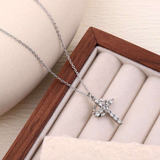 Crowned Faith S925 Sterling Silver Tri-Tone Crystal Crown Cross Necklace