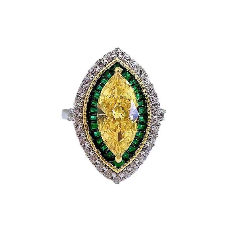 Marquise Yellow Diamond Emerald Halo Ring