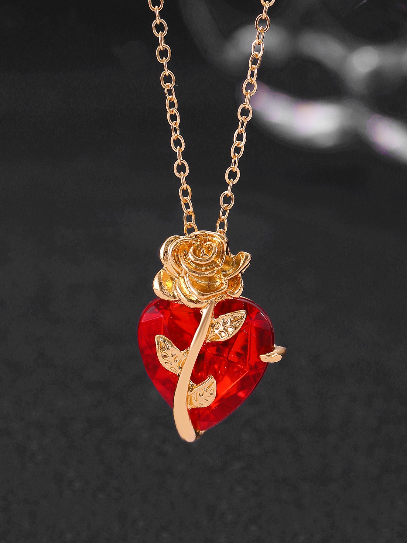 Rose & Red Heart Multi-Color Necklaces - Black Gold/Gold/Silver Single Chain & Layered Styles