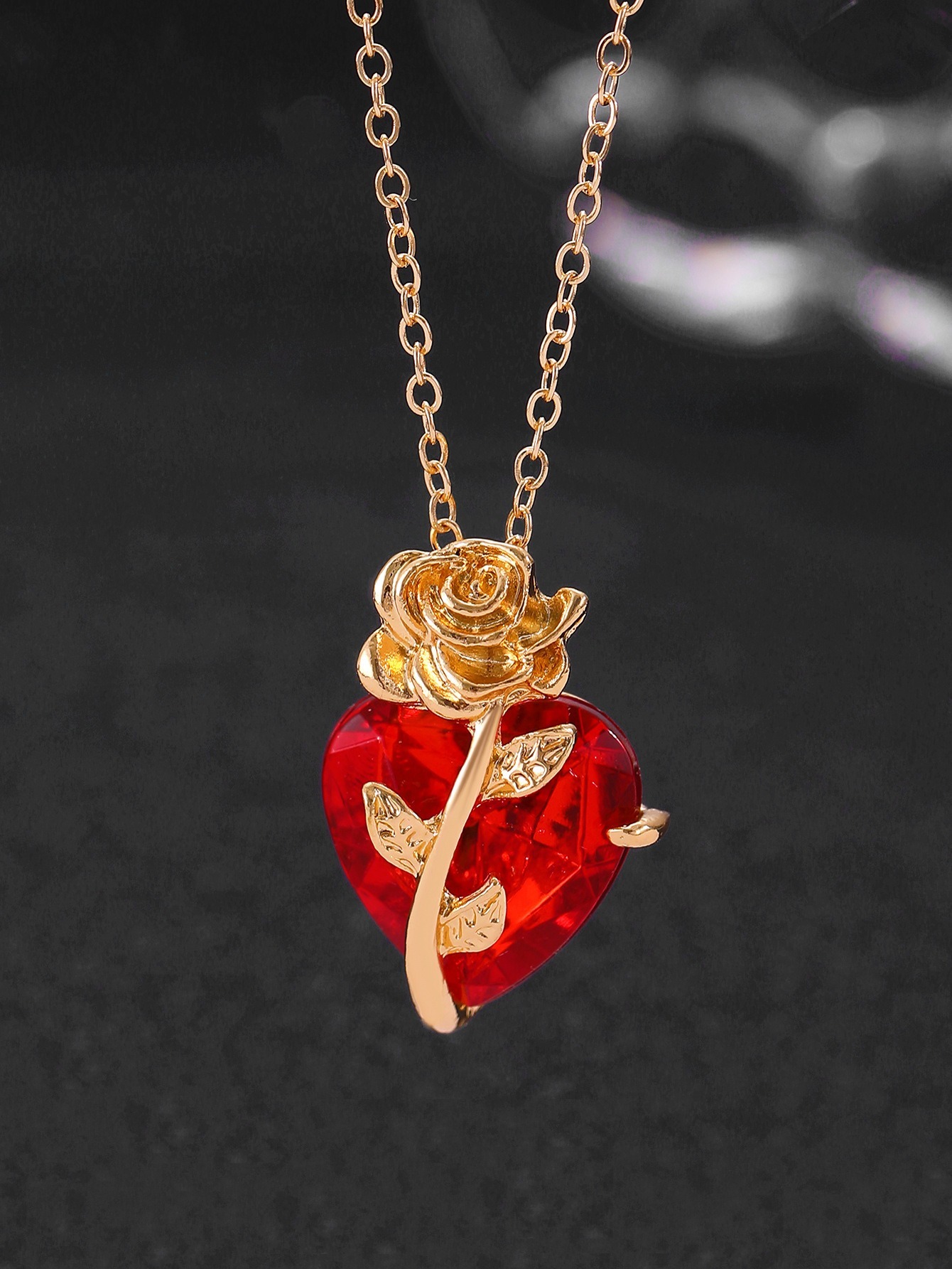 Rose & Red Heart Multi-Color Necklaces - Black Gold/Gold/Silver Single Chain & Layered Styles