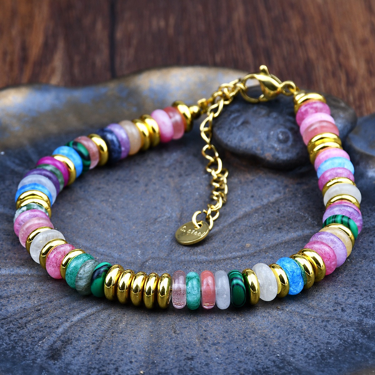 Boho Earth Harmony Natural Stone Heishi Bead Bracelet with Gold Spacers