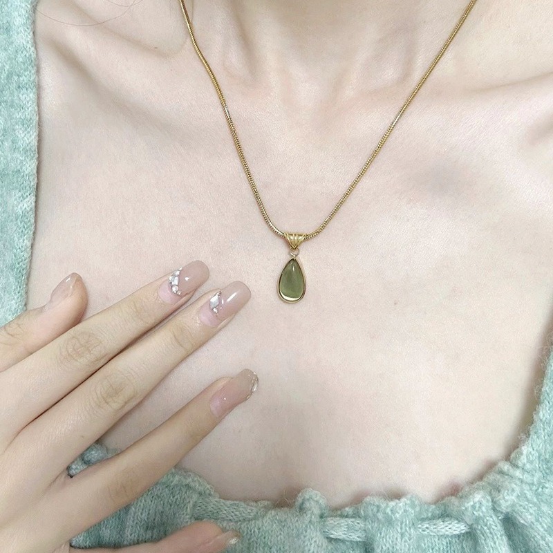 18K Gold Cat's Eye Stone Teardrop Pendant Necklace - Light Luxury Niche Snake Chain Choker