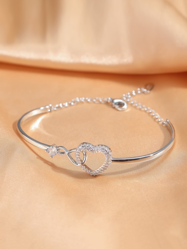 18K Gold Plated/S925 Silver Heart Full Diamond Bracelet - Women's Light Luxury Adjustable Heart Bangle, Romantic Fashion Accessory