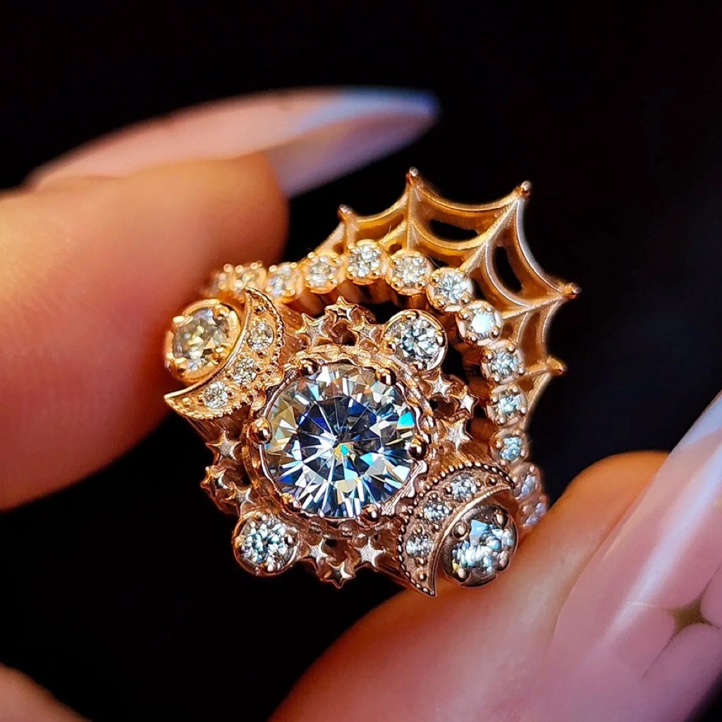 Rose Gold Spider Web Moon Star Full Diamond Ring - Dark Light Luxury Niche Design Band