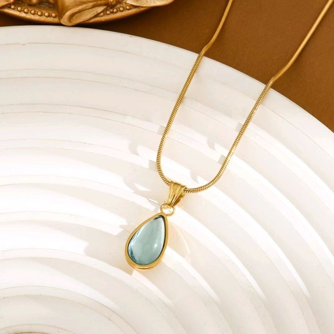 18K Gold Cat's Eye Stone Teardrop Pendant Necklace - Light Luxury Niche Snake Chain Choker