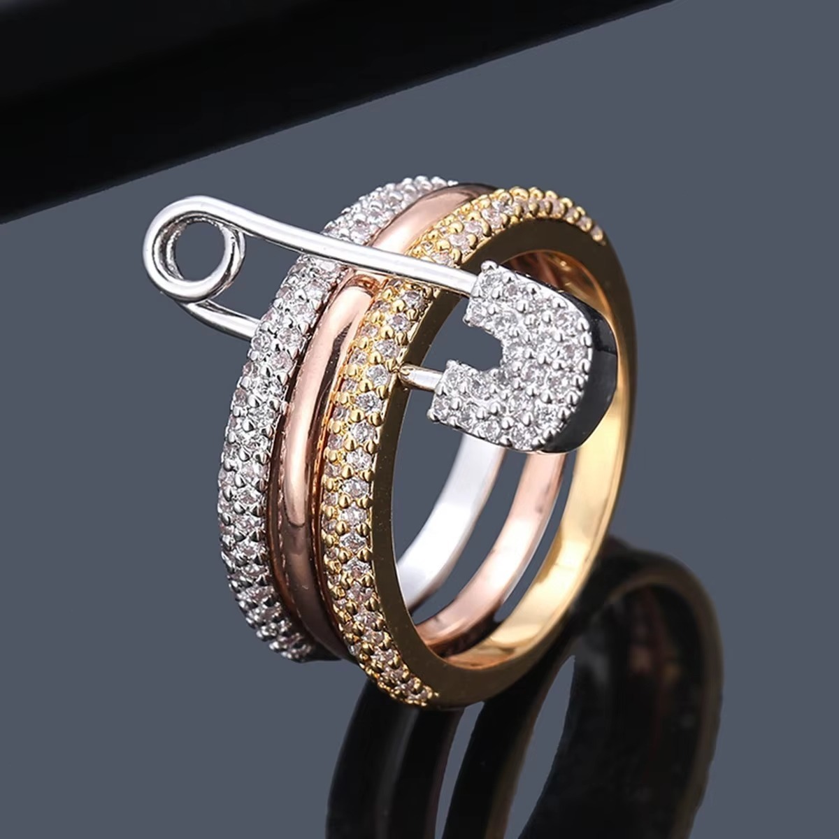 Safety Pin Stacking Ring | 18K Gold / Silver / Tri-Color Pavé Statement Ring