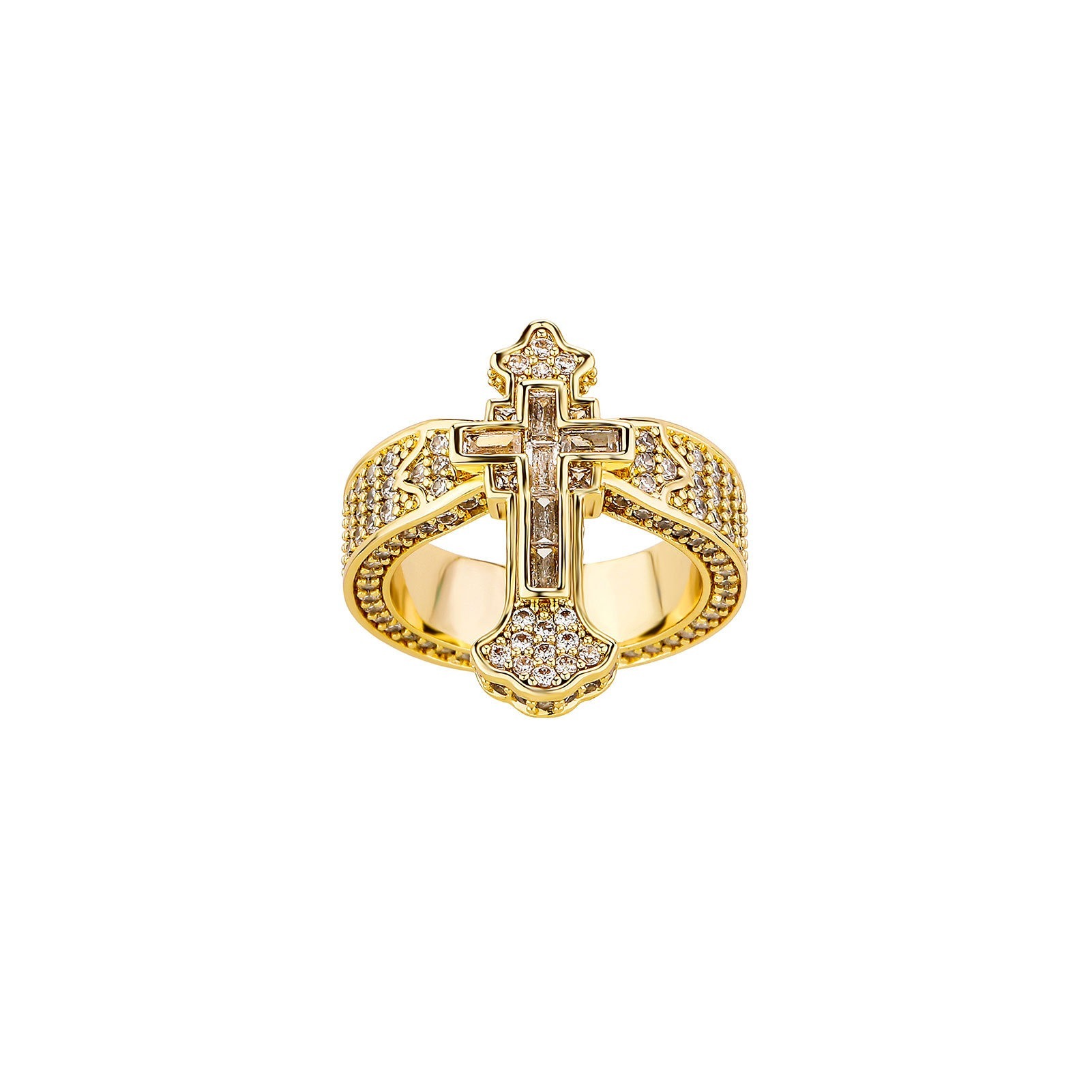 Sacred Radiance Cross 14K Gold Full Crystal Protection Ring