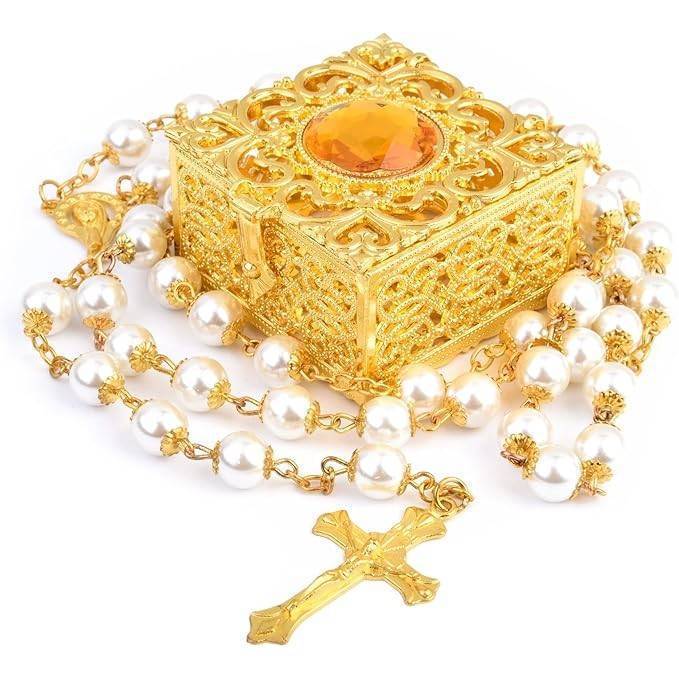 Pearl Rosary Beads Gift Set with Ornate Keepsake Box