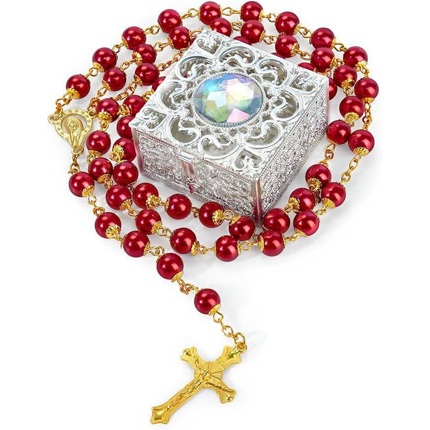 Pearl Rosary Beads Gift Set with Ornate Keepsake Box