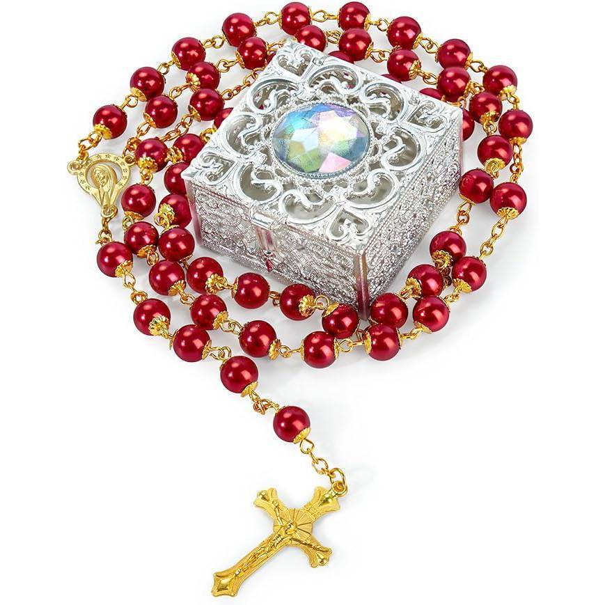 Pearl Rosary Beads Gift Set with Ornate Keepsake Box