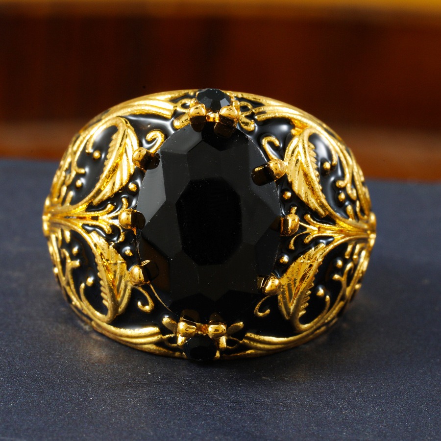Black Gold Seal S925 Sterling Silver Gold-Plated Onyx Vintage Ring Noble Elegance at Your Fingertips