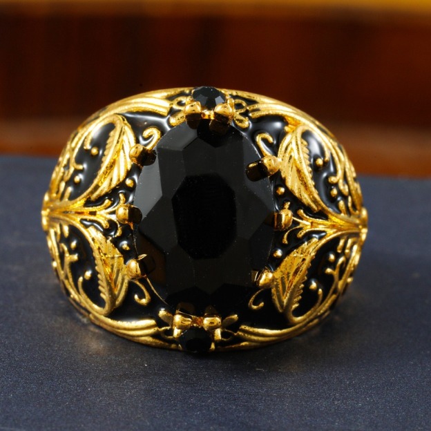 Black Gold Seal S925 Sterling Silver Gold-Plated Onyx Vintage Ring Noble Elegance at Your Fingertips