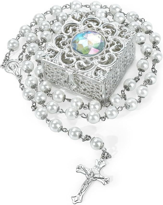 Pearl Rosary Beads Gift Set with Ornate Keepsake Box