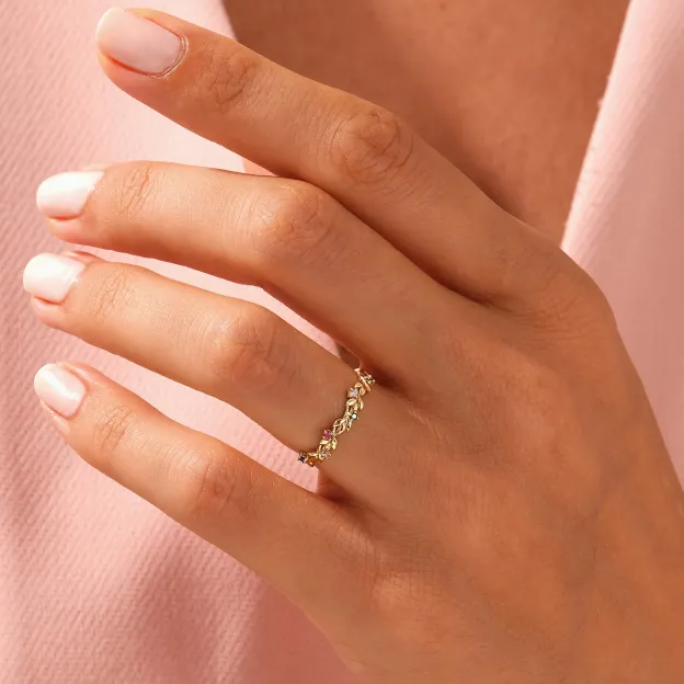 Personalized Floral Birthstone Ring Gold-Plated Multi-Color Gem Band