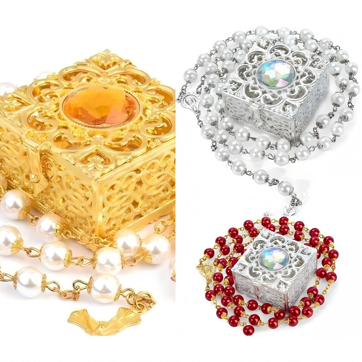 Pearl Rosary Beads Gift Set with Ornate Keepsake Box