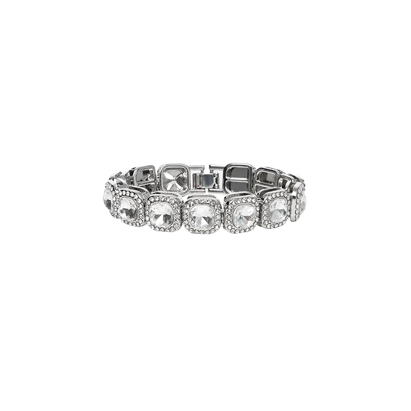 Luxurious Square Diamond Halo-Set Silver Bracelet