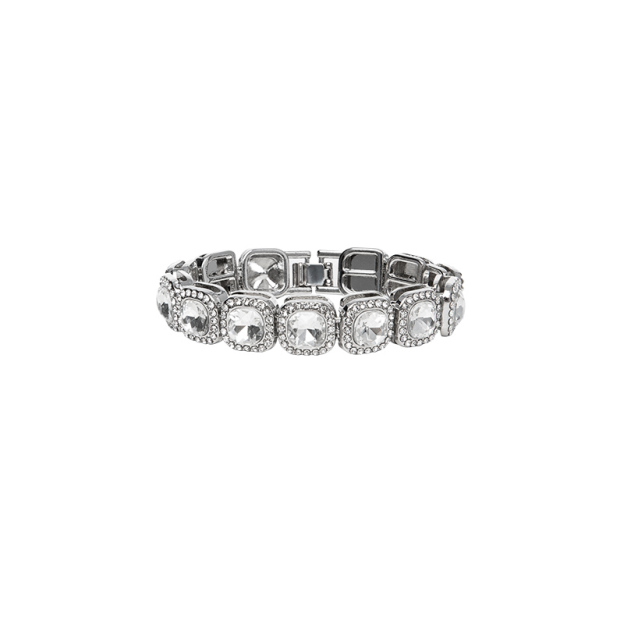 Luxurious Square Diamond Halo-Set Silver Bracelet