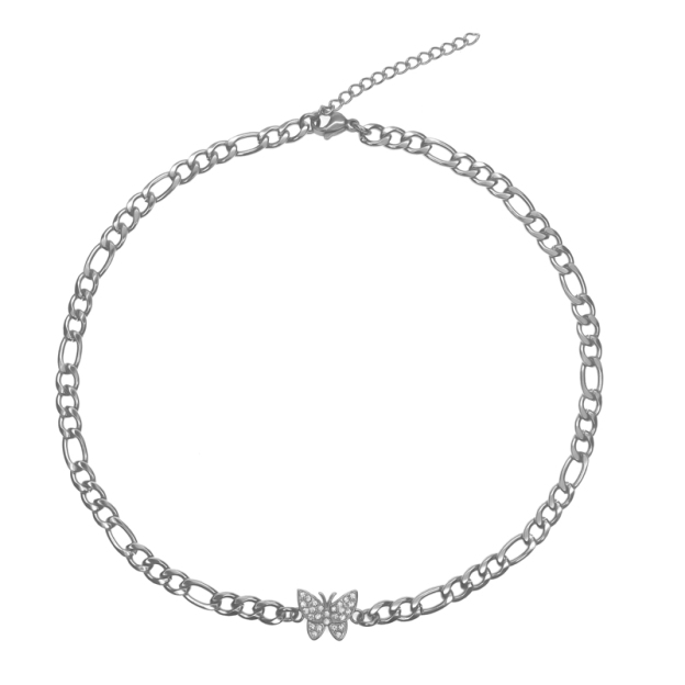 Diamond-Inlaid Butterfly Silver Spliced Necklace