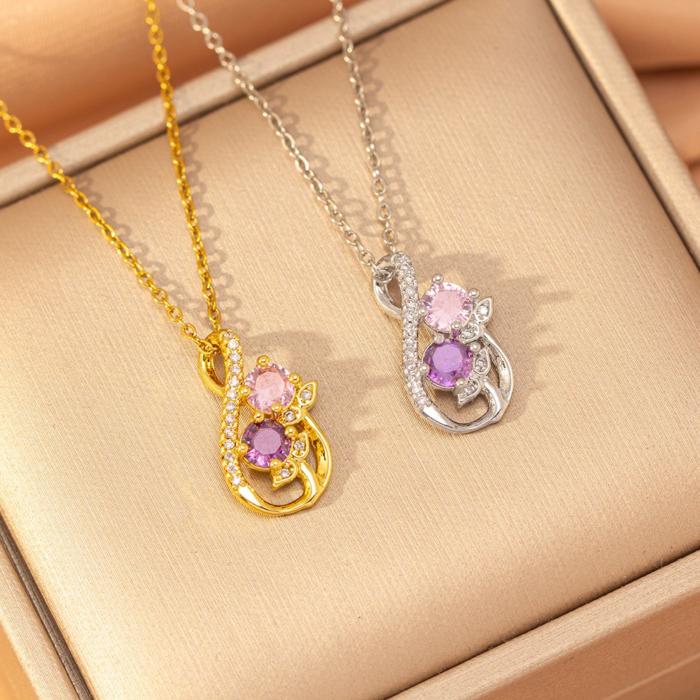 Twin Blossom Gourd Two-Tone Pink Purple Gem Necklace