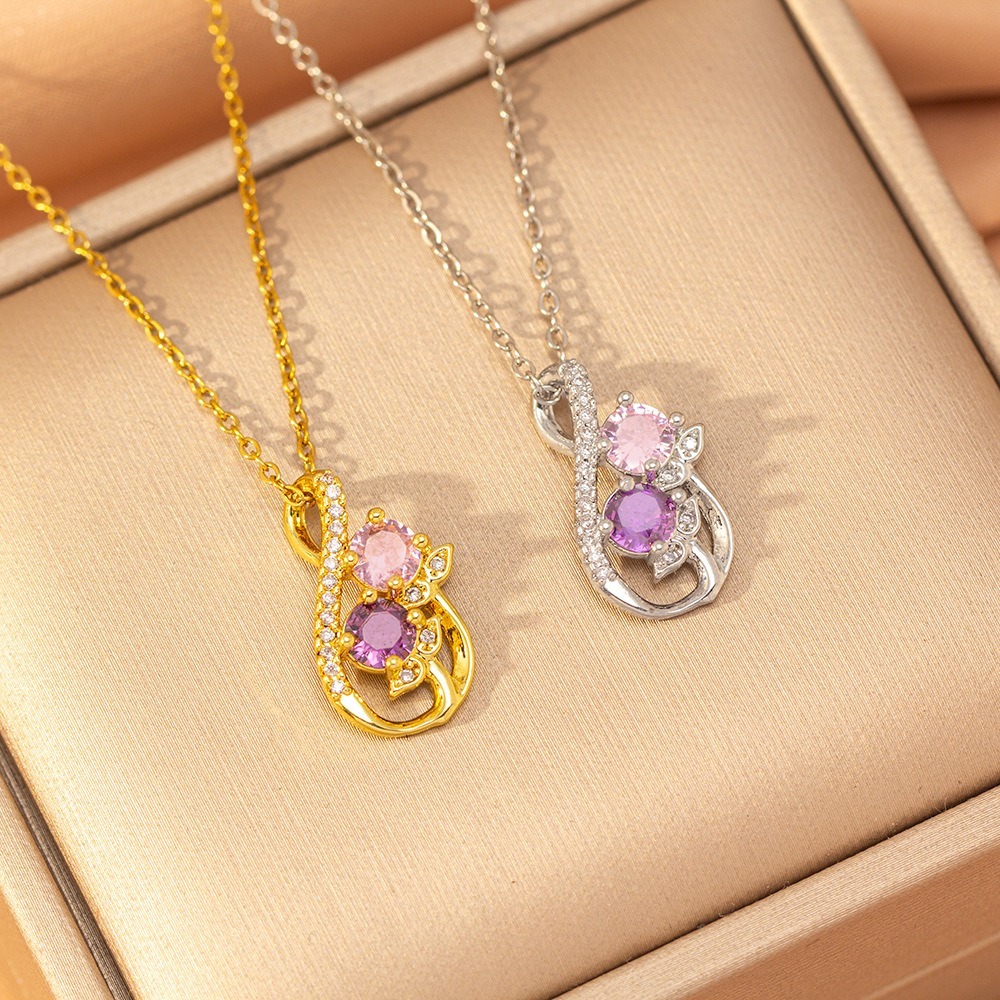 Twin Blossom Gourd Two-Tone Pink Purple Gem Necklace