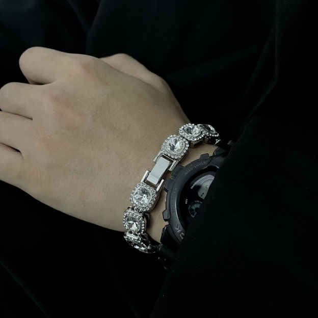 Luxurious Square Diamond Halo-Set Silver Bracelet