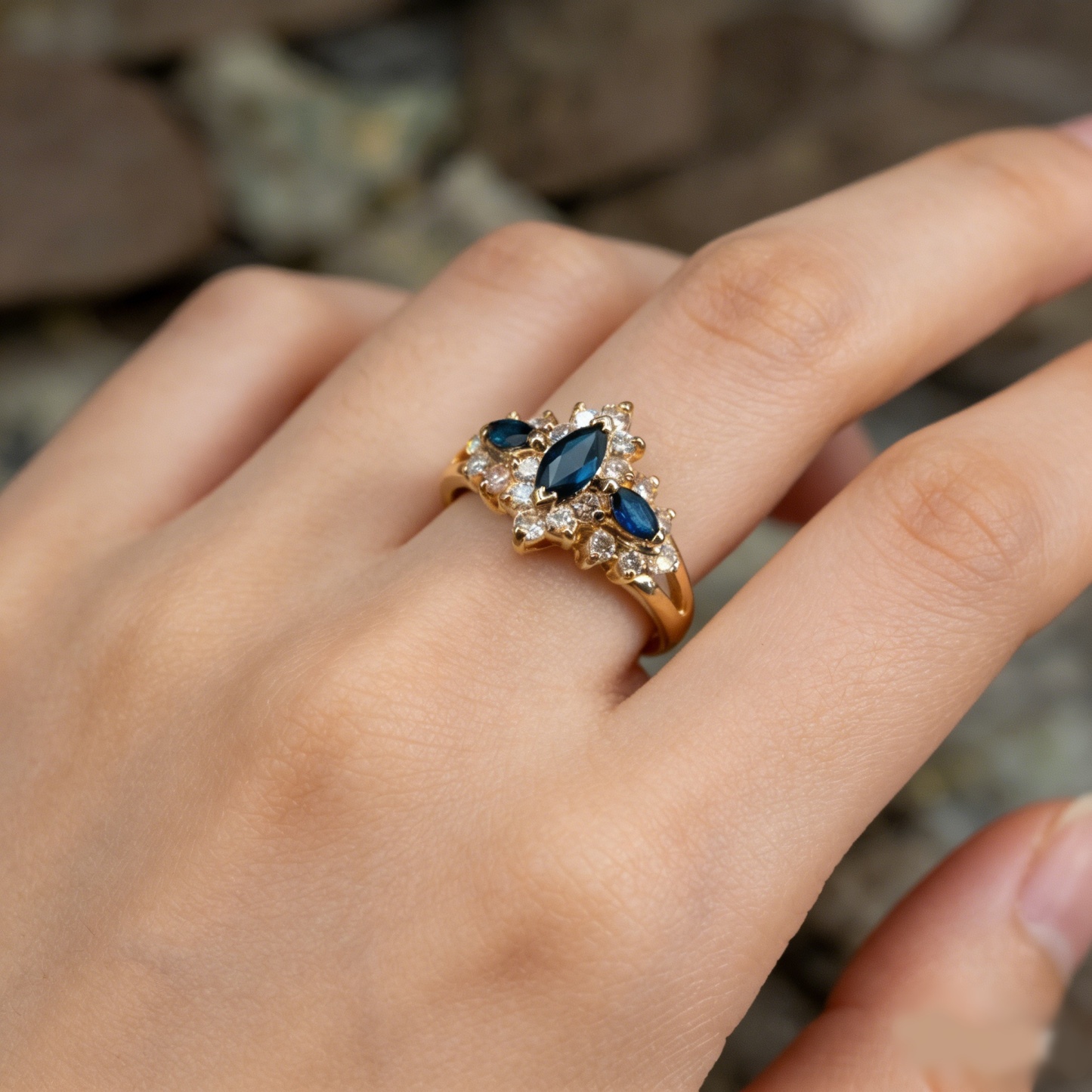 Vintage Starburst 14K Gold-Plated Marquise Sapphire Ring