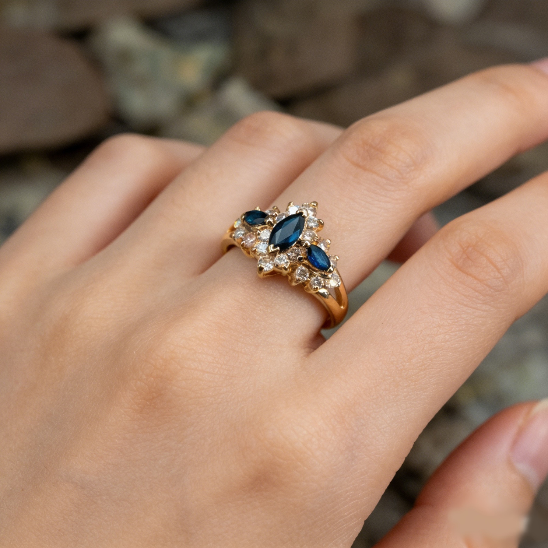 Vintage Starburst 14K Gold-Plated Marquise Sapphire Ring