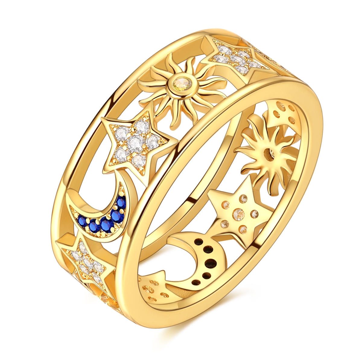 S925 Silver Dual-Color Double-Layer Hollow Moon & Star Diamond-Paved Ring
